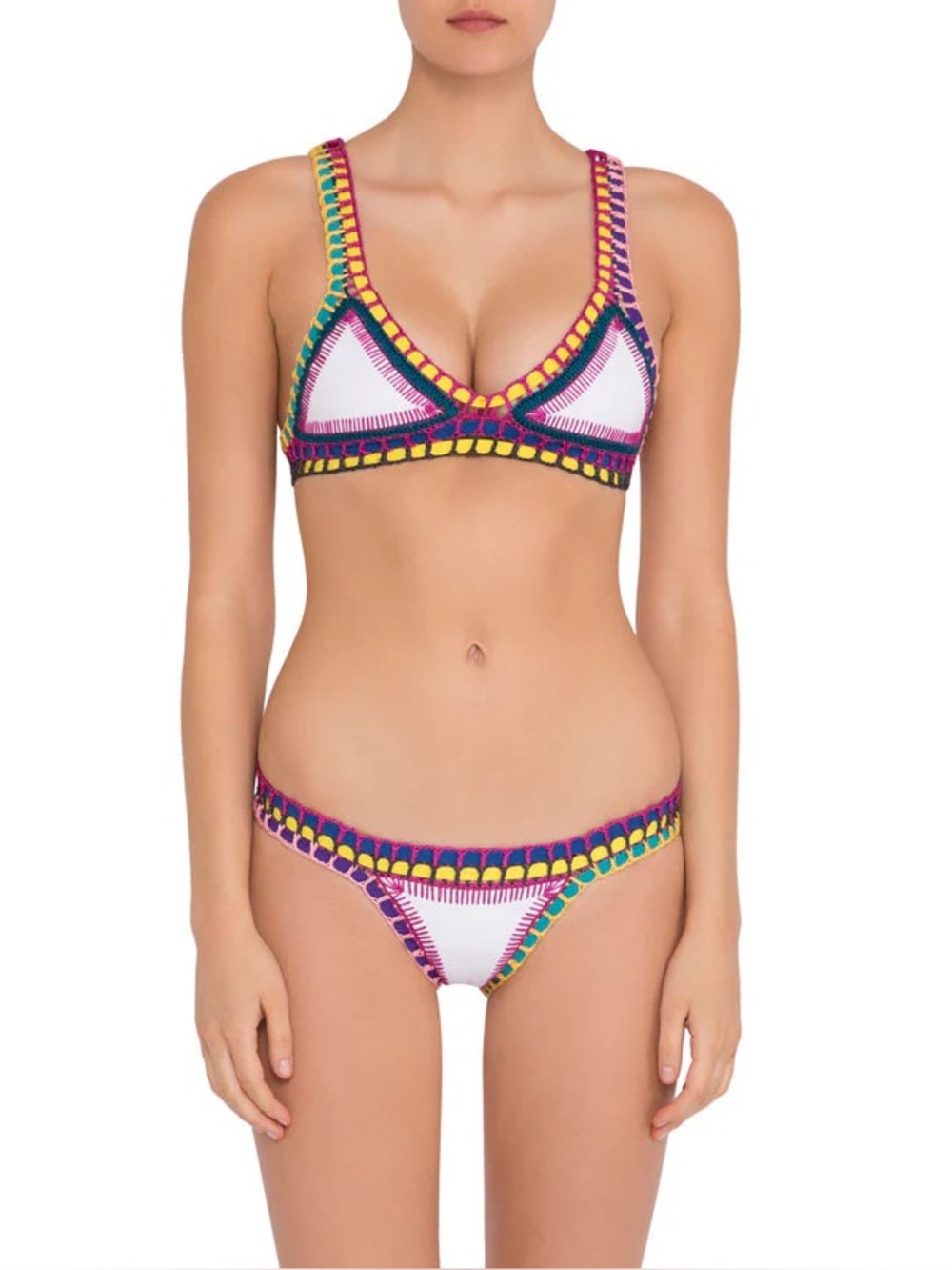KIINI Yaz Bikini White bikini with multi-color crochet & elastic trim Size M